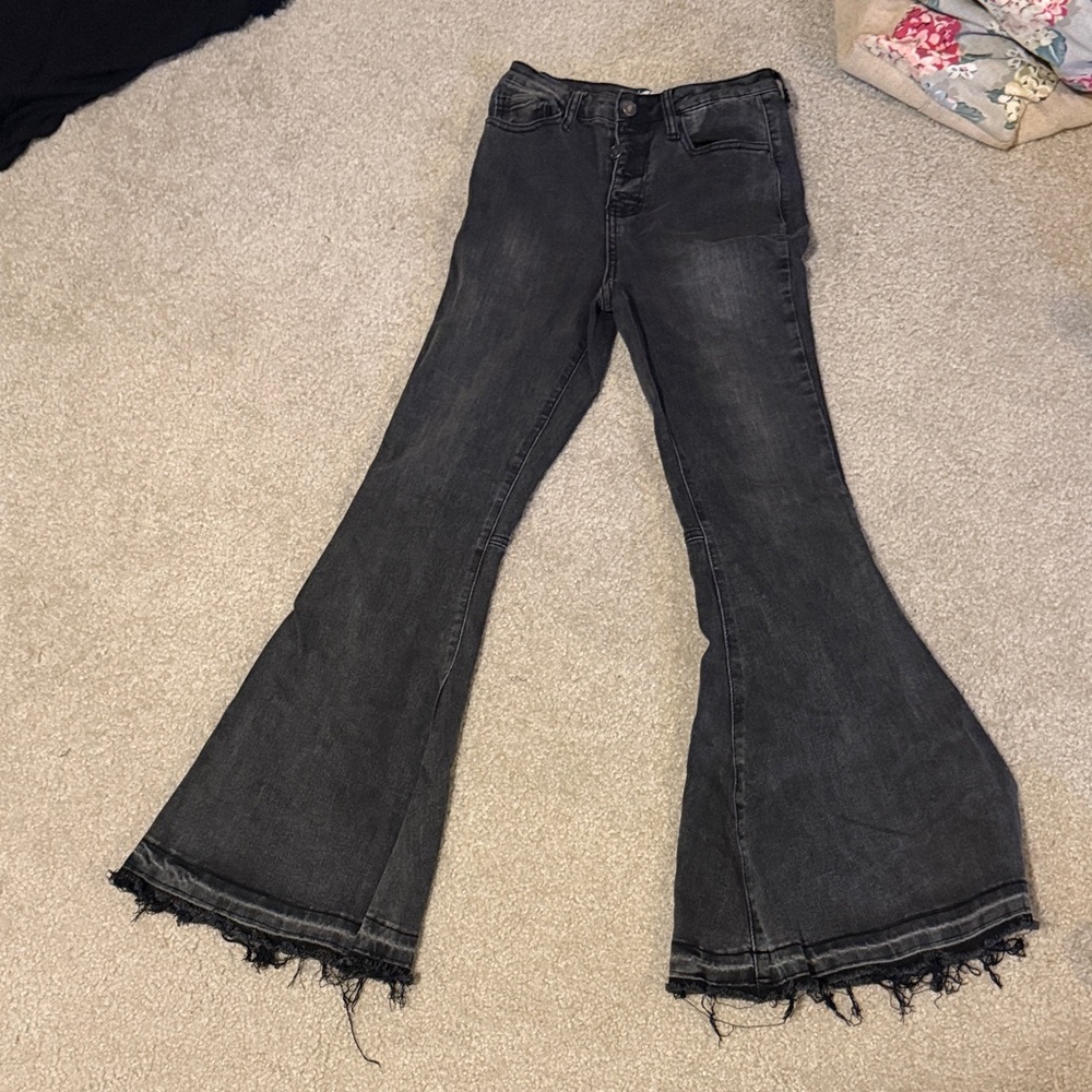 Women's Stretchy Button Up Flared Black Jeans